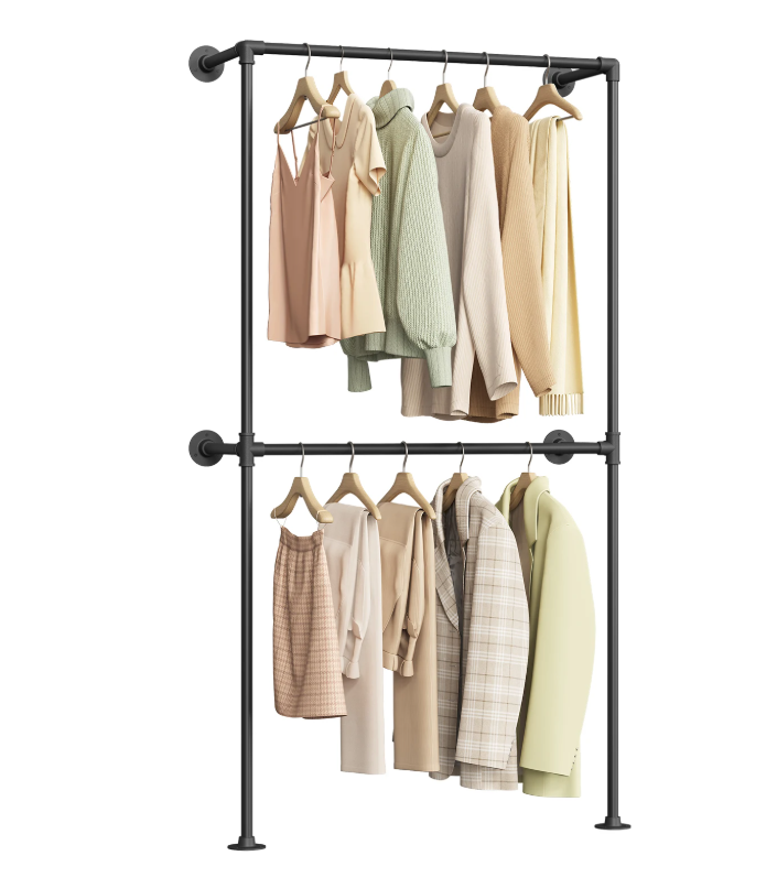 Wandgemonteerde Open Kledingkast – Industrieel Design met Planken en Kledingroedes