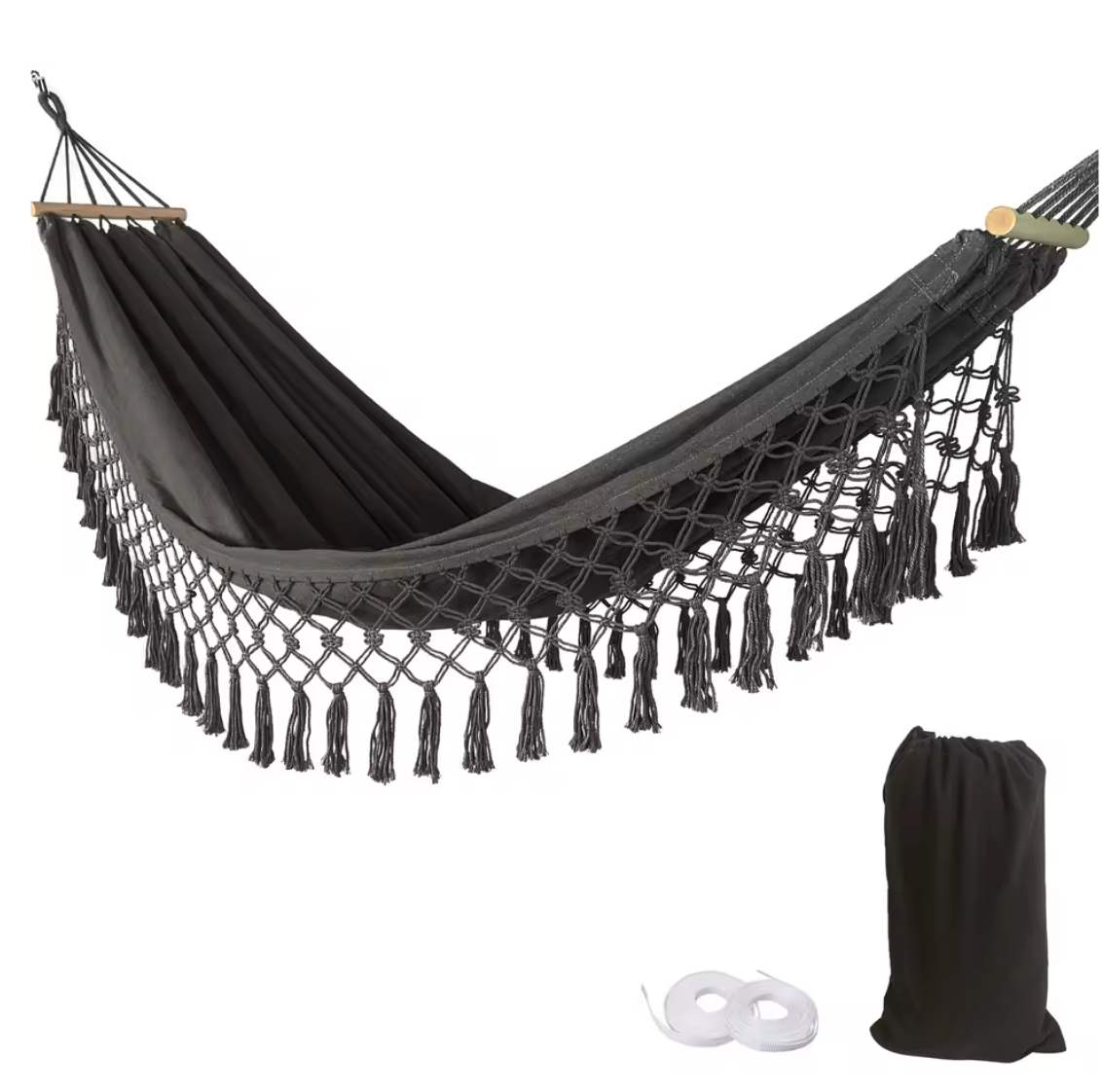 Boho Canvas Hangmat met Kwastjes – 200×100 cm, Opvouwbaar & Comfortabel voor Buiten