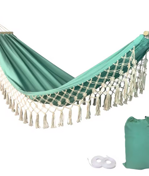 Boho Canvas Hangmat met Kwastjes – 200×100 cm, Opvouwbaar & Comfortabel voor Buiten