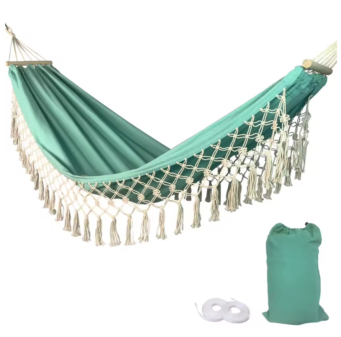 Boho Canvas Hangmat met Kwastjes – 200×100 cm, Opvouwbaar & Comfortabel voor Buiten