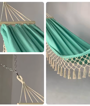 Boho Canvas Hangmat met Kwastjes – 200×100 cm, Opvouwbaar & Comfortabel voor Buiten