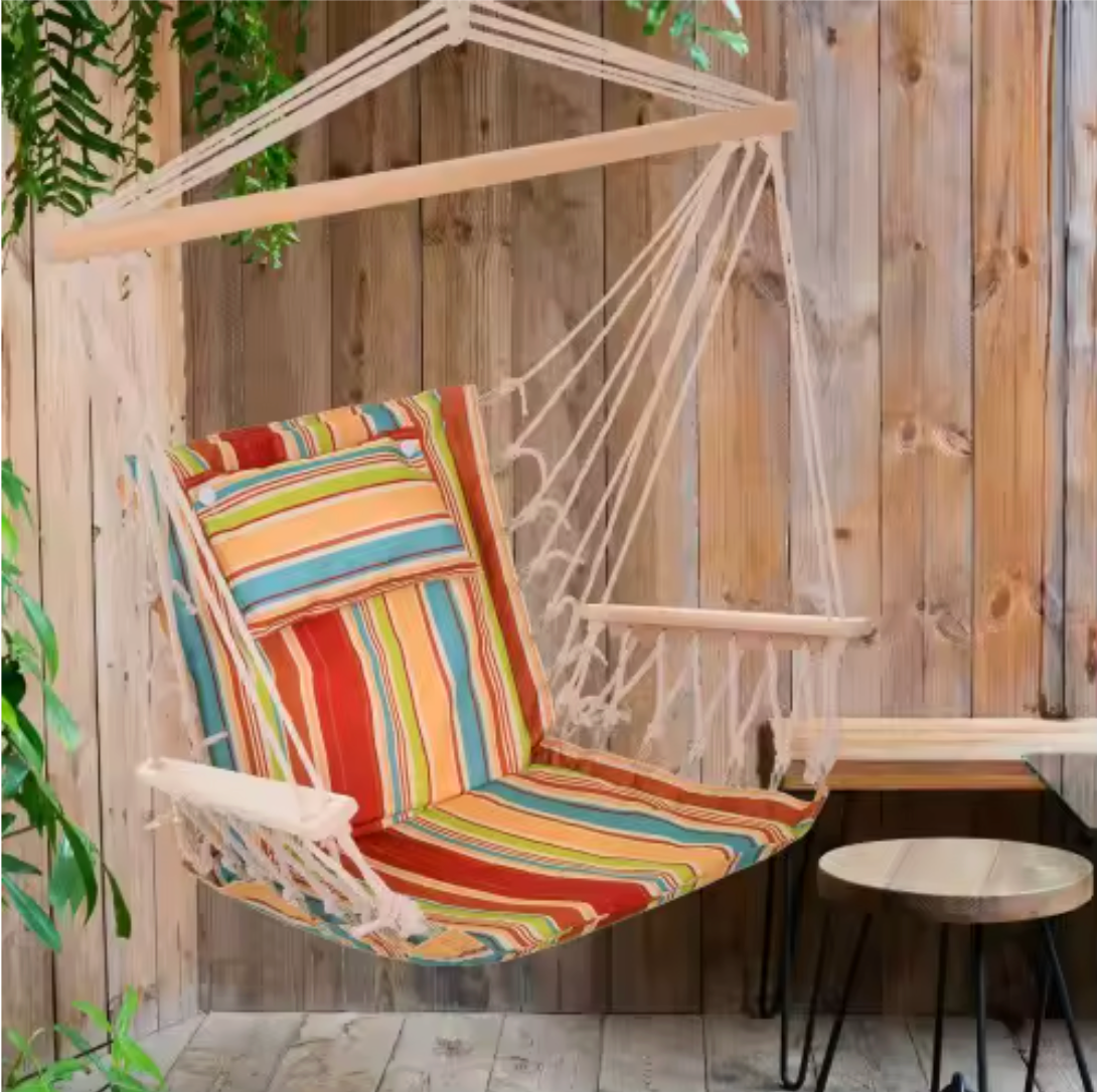 Opvouwbare Hangstoel met Kussen & Houten Spreidstok – Lichtgewicht – Binnen & Buiten – 120 kg