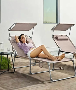 Grote Opvouwbare Ligstoel met Zonnescherm – Extra Breed 71 cm, 4-Standen Verstelbare Rugleuning, Afneembare Hoofdsteun & Ademend Textiel – Stalen Frame voor Tuin, Strand & Zwembad
