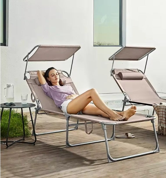 Grote Opvouwbare Ligstoel met Zonnescherm – Extra Breed 71 cm, 4-Standen Verstelbare Rugleuning, Afneembare Hoofdsteun & Ademend Textiel – Stalen Frame voor Tuin, Strand & Zwembad