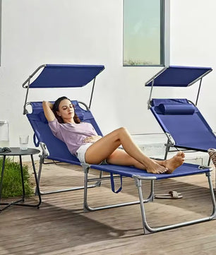 Grote Opvouwbare Ligstoel met Zonnescherm – Extra Breed 71 cm, 4-Standen Verstelbare Rugleuning, Afneembare Hoofdsteun & Ademend Textiel – Stalen Frame voor Tuin, Strand & Zwembad