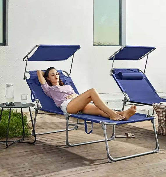 Grote Opvouwbare Ligstoel met Zonnescherm – Extra Breed 71 cm, 4-Standen Verstelbare Rugleuning, Afneembare Hoofdsteun & Ademend Textiel – Stalen Frame voor Tuin, Strand & Zwembad