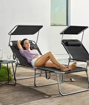 Grote Opvouwbare Ligstoel met Zonnescherm – Extra Breed 71 cm, 4-Standen Verstelbare Rugleuning, Afneembare Hoofdsteun & Ademend Textiel – Stalen Frame voor Tuin, Strand & Zwembad