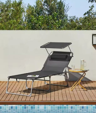 Grote Opvouwbare Ligstoel met Zonnescherm – Extra Breed 71 cm, 4-Standen Verstelbare Rugleuning, Afneembare Hoofdsteun & Ademend Textiel – Stalen Frame voor Tuin, Strand & Zwembad