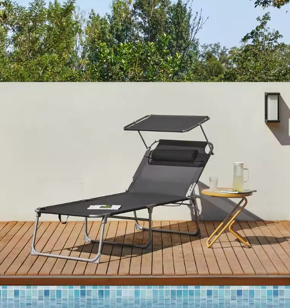 Grote Opvouwbare Ligstoel met Zonnescherm – Extra Breed 71 cm, 4-Standen Verstelbare Rugleuning, Afneembare Hoofdsteun & Ademend Textiel – Stalen Frame voor Tuin, Strand & Zwembad