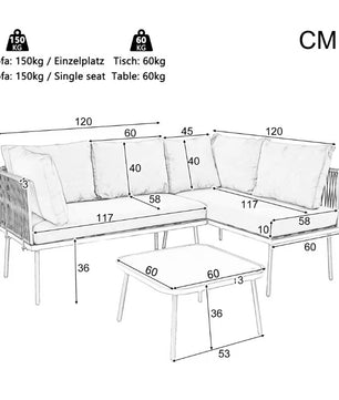 2-Zits Loungeset van Gevlochten Touw – Inclusief Tafel met Gehard Glas & Kussens, Verstelbare Pootjes, Khaki