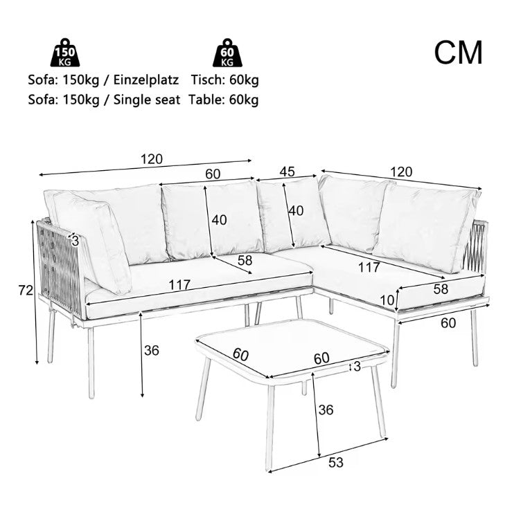 2-Zits Loungeset van Gevlochten Touw – Inclusief Tafel met Gehard Glas & Kussens, Verstelbare Pootjes, Khaki