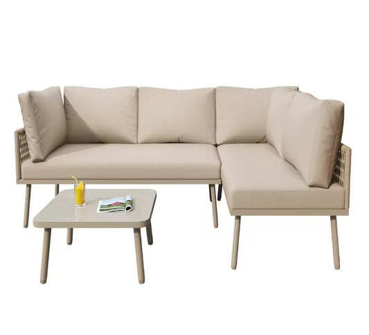 2-Zits Loungeset van Gevlochten Touw – Inclusief Tafel met Gehard Glas & Kussens, Verstelbare Pootjes, Khaki