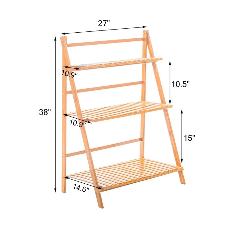 Opvouwbare 3-Laags Bamboe Plantenstandaard – Natuurlijk Bamboe – 70 × 38 × 97 cm – Stevig Plantenrek voor Binnen en Buiten
