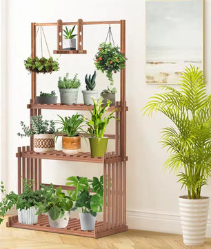 Houten Plantenstandaard met Ophangstang – 3-Laags Plantenrek van Massief Dennenhout – Met Hanggedeelte – Voor Binnen en Buiten