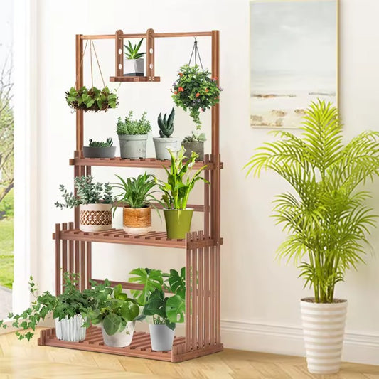 Houten Plantenstandaard met Ophangstang – 3-Laags Plantenrek van Massief Dennenhout – Met Hanggedeelte – Voor Binnen en Buiten