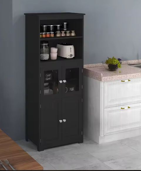 Zwarte Keukenkast met Glasdeur en Open Planken – 60×30×162 cm