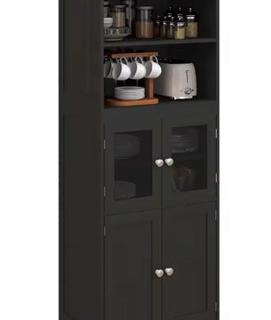 Zwarte Keukenkast met Glasdeur en Open Planken – 60×30×162 cm