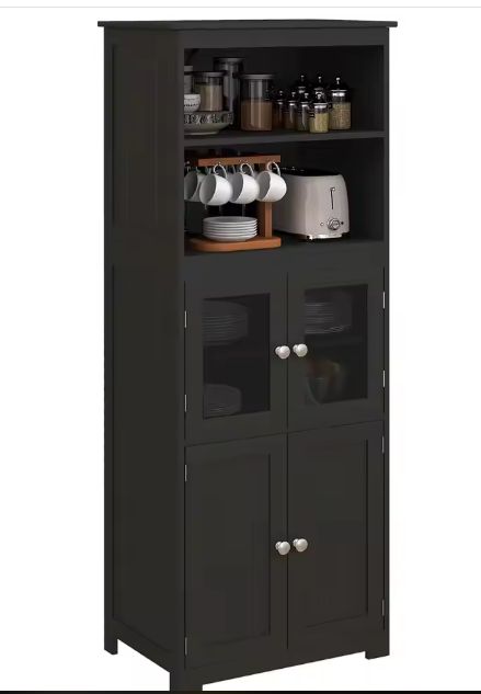 Zwarte Keukenkast met Glasdeur en Open Planken – 60×30×162 cm