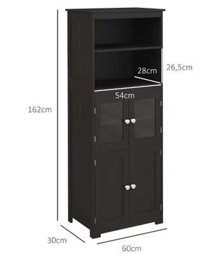 Zwarte Keukenkast met Glasdeur en Open Planken – 60×30×162 cm