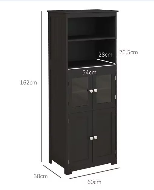 Zwarte Keukenkast met Glasdeur en Open Planken – 60×30×162 cm