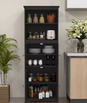 Zwarte Keukenkast met Glasdeur en Open Planken – 60×30×162 cm