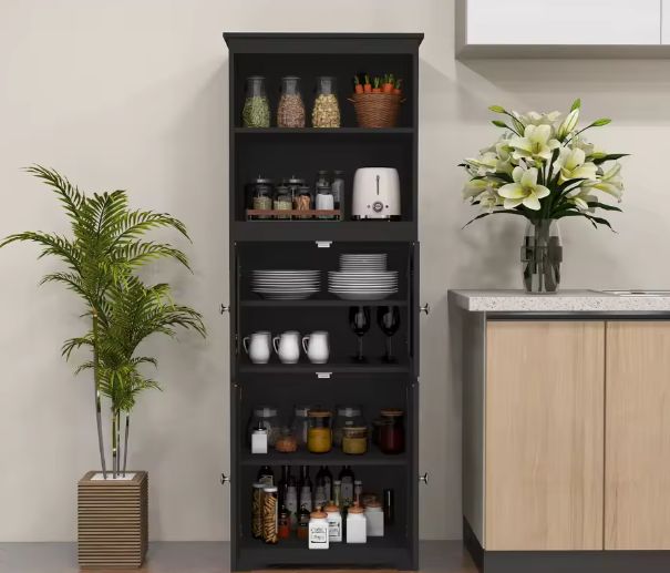 Zwarte Keukenkast met Glasdeur en Open Planken – 60×30×162 cm