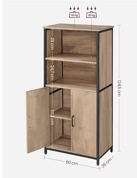 Hoge Opbergkast met 2 Open Vakken en Verstelbare Planken – 60×35×124,5 cm