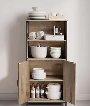 Hoge Opbergkast met 2 Open Vakken en Verstelbare Planken – 60×35×124,5 cm