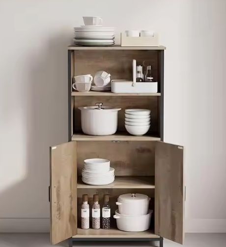 Hoge Opbergkast met 2 Open Vakken en Verstelbare Planken – 60×35×124,5 cm