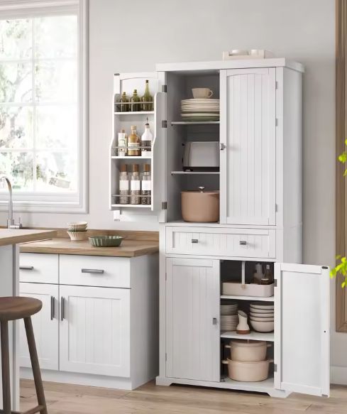 Witte Keukenkast met Lade, Deurvakken en Verstelbare Planken – 76×40×182 cm