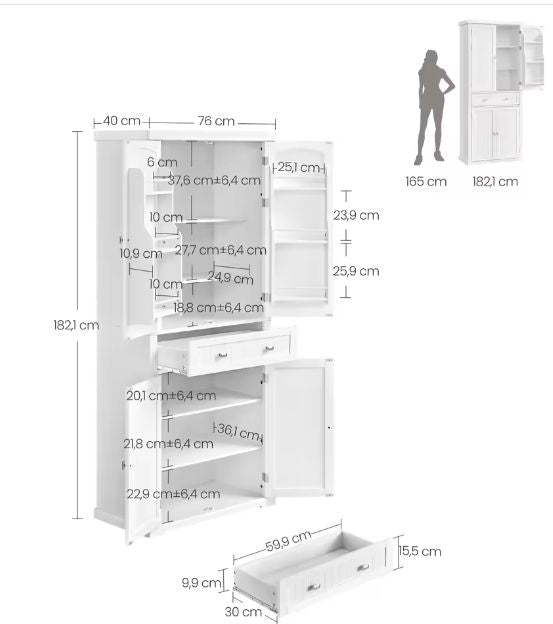 Witte Keukenkast met Lade, Deurvakken en Verstelbare Planken – 76×40×182 cm