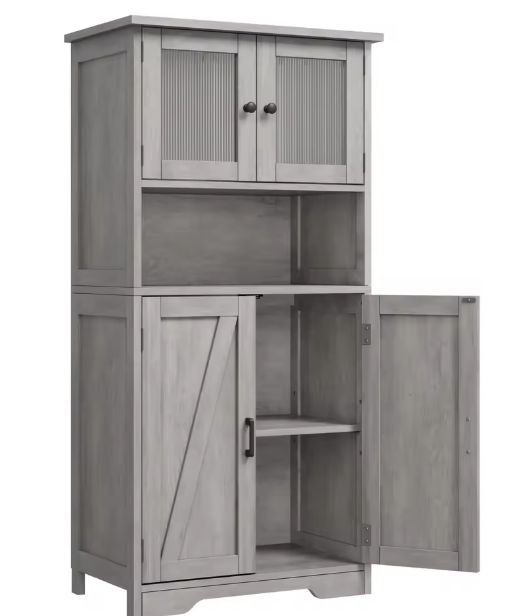 Vrijstaande Opbergkast 60×30×128 cm – Met Glazen Deuren en Verstelbare Planken