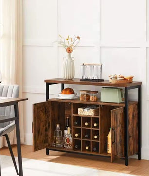 Industrieel Dressoir 100×35×81 cm – Met Wijnrek en Opbergkasten, Vintage Bruin-Zwart