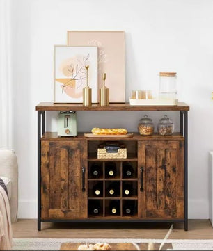 Industrieel Dressoir 100×35×81 cm – Met Wijnrek en Opbergkasten, Vintage Bruin-Zwart