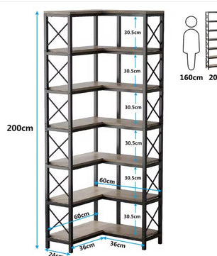 7-Laags Industriële Hoekboekenkast – Met 14 Open Vakken & Metalen Frame, Grijs