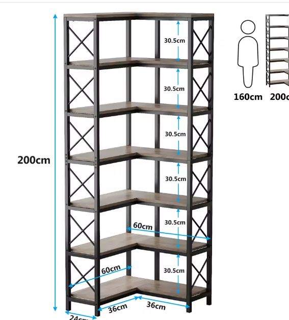 7-Laags Industriële Hoekboekenkast – Met 14 Open Vakken & Metalen Frame, Grijs