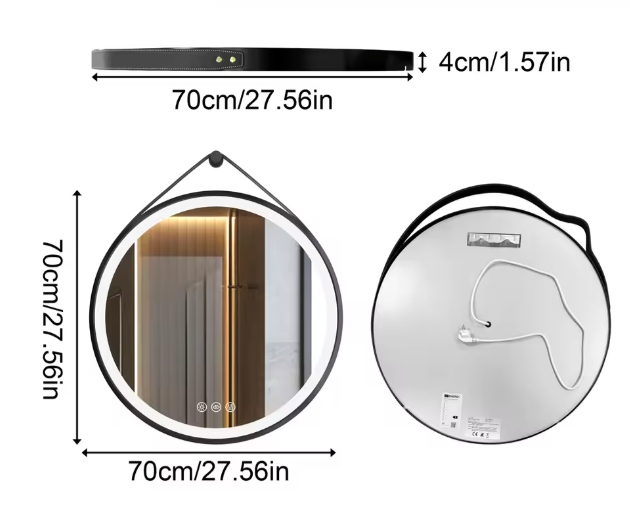 Ronde LED Badkamerspiegel – 80 cm, Zwart Frame, Anti-Fog & 3 Kleuren Verlichting