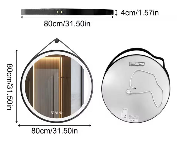 Ronde LED Badkamerspiegel – 80 cm, Zwart Frame, Anti-Fog & 3 Kleuren Verlichting