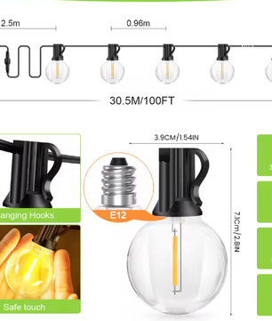 G40 LED Lichtslinger 30m – Warm Wit, IP65 Waterdicht, 40 Lampen
