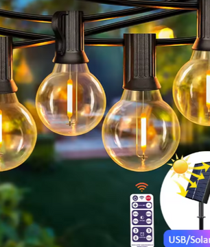 Solar Lichtslinger 12M – 30 LED G40 Lampen, USB & Zonnepaneel, Waterdicht en Onbreekbaar
