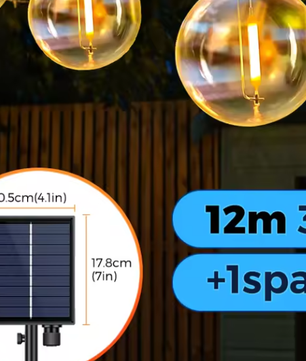 Solar Lichtslinger 12M – 30 LED G40 Lampen, USB & Zonnepaneel, Waterdicht en Onbreekbaar