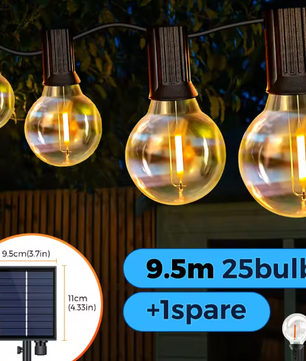 Solar Lichtslinger 12M – 30 LED G40 Lampen, USB & Zonnepaneel, Waterdicht en Onbreekbaar
