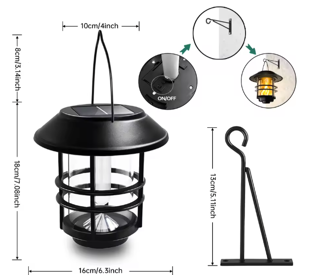 Solar Hanglantaarn Buiten – Flikkerende Vlammen, Waterdicht Glas & RVS, Wand- en Hekverlichting
