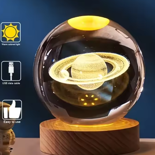 3D Kristallen Bol Nachtlamp – LED Sfeerlamp met Houten Basis & USB-Voeding