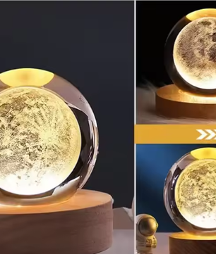 3D Kristallen Bol Nachtlamp – LED Sfeerlamp met Houten Basis & USB-Voeding