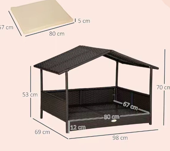 Rotan Hondenhuis met Kussen – Weerbestendig & Verhoogd Ontwerp, 98×69×73 cm