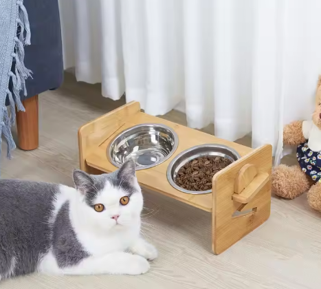 Verhoogde Kattenvoerbak met Bamboe Standaard – Dubbele Roestvrijstalen Kommen, In Hoogte Verstelbaar