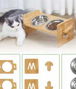 Verhoogde Kattenvoerbak met Bamboe Standaard – Dubbele Roestvrijstalen Kommen, In Hoogte Verstelbaar