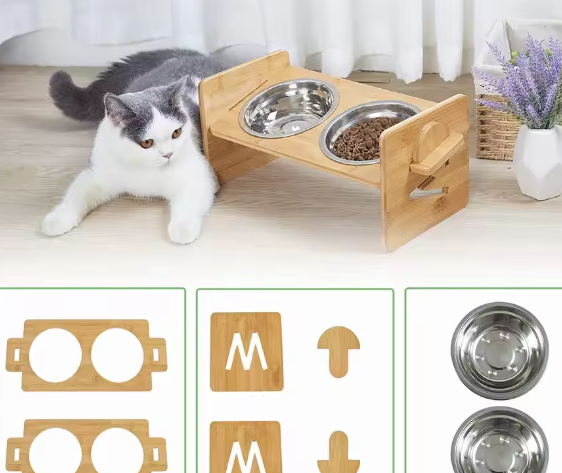 Verhoogde Kattenvoerbak met Bamboe Standaard – Dubbele Roestvrijstalen Kommen, In Hoogte Verstelbaar