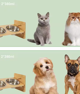 Verhoogde Kattenvoerbak met Bamboe Standaard – Dubbele Roestvrijstalen Kommen, In Hoogte Verstelbaar
